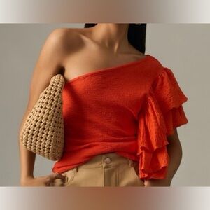 Anthropologie One Shoulder Ruffles Top in Orange Size XXS
